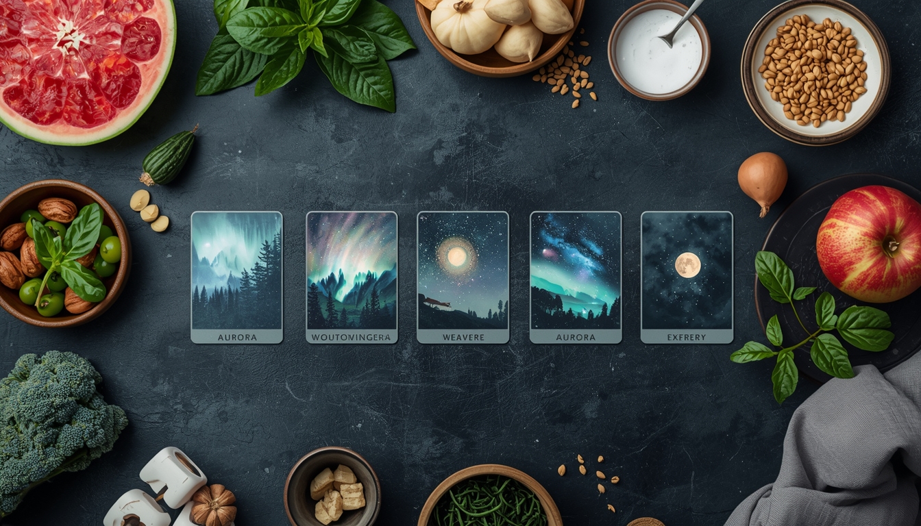 Aurora Wake Cards beside fresh ingredients on a MicroViva table